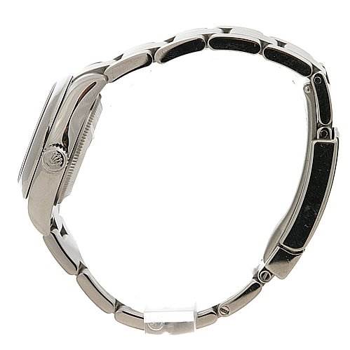 This image shows a side profile view of a Rolex Oyster Perpetual 176200 Women's Stainless Steel Black Dial 176200 Women's Stainless Steel Black Dial watch, highlighting its case, bracelet, and clasp.