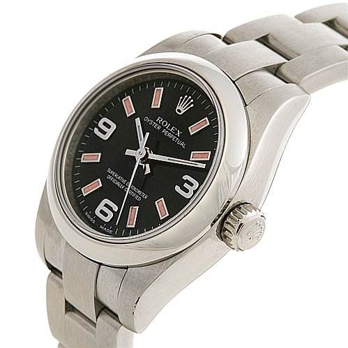 This image shows a side angle of a Rolex Oyster Perpetual 176200 Women's Stainless Steel Black Dial 176200 Women's Stainless Steel Black Dial watch, highlighting the face, bezel, crown, and part of the bracelet.