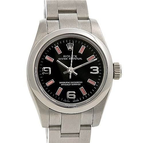 The image shows a front view of the Rolex Oyster Perpetual 176200 Women's Stainless Steel Black Dial 176200 Women's Stainless Steel Black Dial watch, displaying its face, bezel, crown, and part of the bracelet.