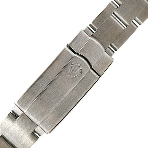 This image shows a close-up of the clasp and part of the stainless steel bracelet of the Rolex Oyster Perpetual 176200 Women's Stainless Steel Black Dial 176200 Women's Stainless Steel Black Dial watch.