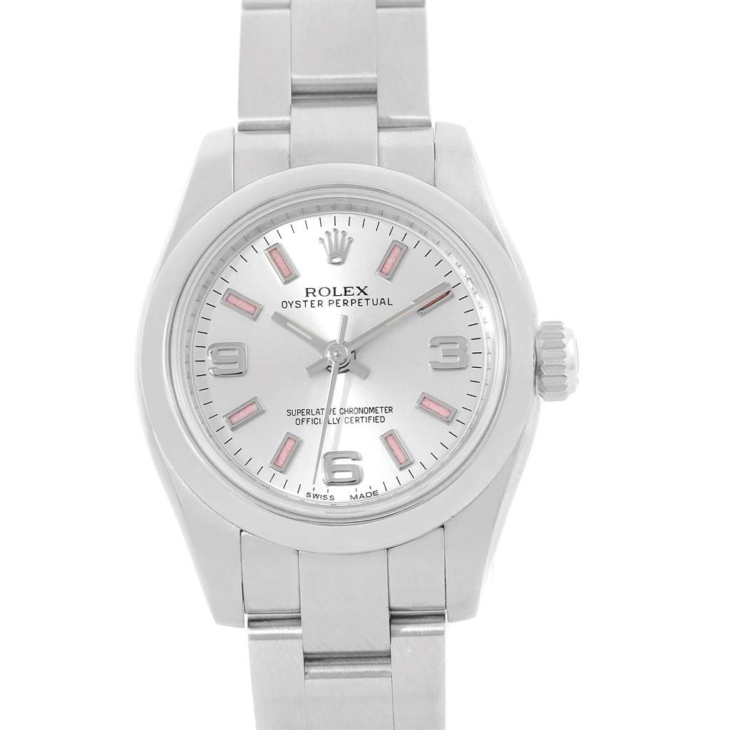 This image shows a front view of the Rolex Oyster Perpetual 176200 Women
s Stainless Steel Silver Dial 176200 Women
s Stainless Steel Silver Dial watch, featuring its dial, hands, crown, and stainless steel bracelet.