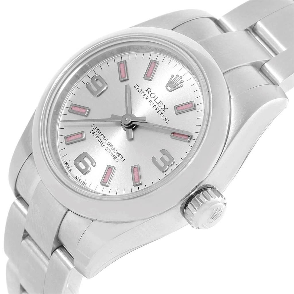 The image shows a Rolex Oyster Perpetual 176200 Women
s Stainless Steel Silver Dial 176200 Women
s Stainless Steel Silver Dial watch from an angled side view, highlighting the dial, crown, and bracelet.