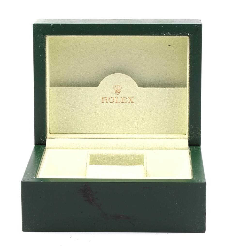 This image shows an open Rolex watch box for the Oyster Perpetual model from a front angle.