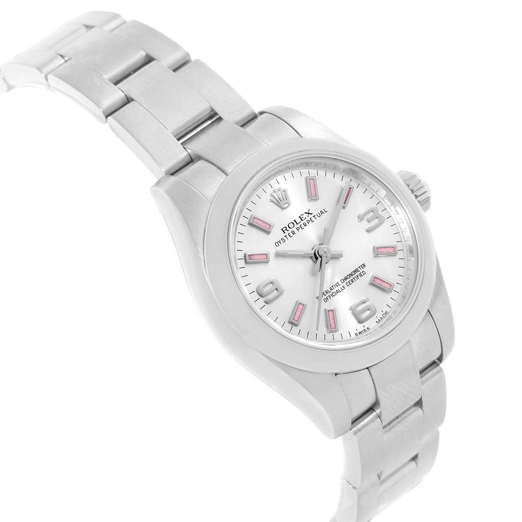 The image shows a Rolex Oyster Perpetual 176200 Women
s Stainless Steel Silver Dial 176200 Women
s Stainless Steel Silver Dial watch at an angled view, highlighting the face, bezel, and bracelet.