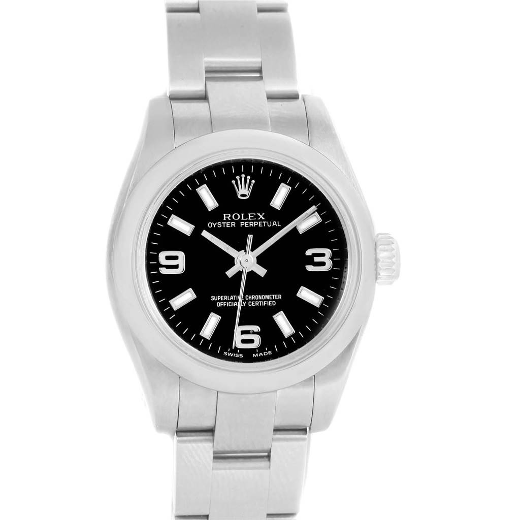 This image shows a front view of a Rolex Oyster Perpetual 176200 Women
s Stainless Steel Black Dial 176200 Women
s Stainless Steel Black Dial watch, highlighting its black dial, silver hands, and bracelet.