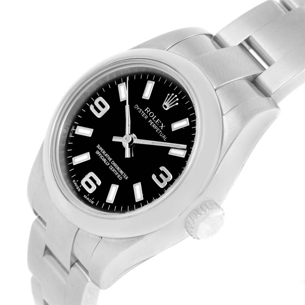 The image shows a Rolex Oyster Perpetual 176200 Women
s Stainless Steel Black Dial 176200 Women
s Stainless Steel Black Dial watch from a slight angled perspective focusing on the dial, bezel, crown, and bracelet.