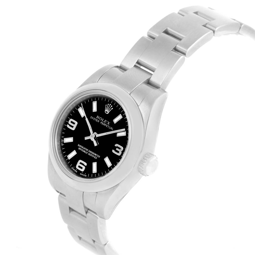 This image shows a side view of the Rolex Oyster Perpetual 176200 Women
s Stainless Steel Black Dial 176200 Women
s Stainless Steel Black Dial watch, displaying the face, bezel, crown, and part of the bracelet.