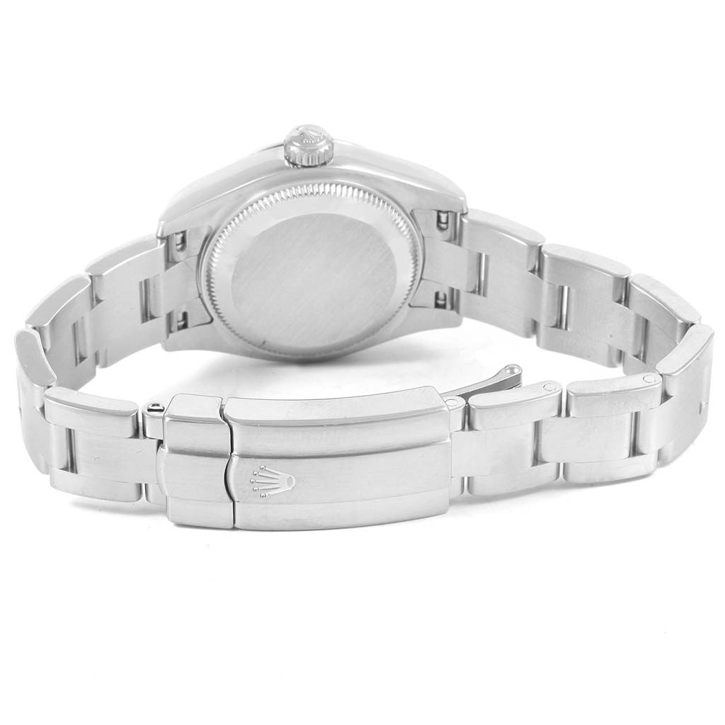 The image shows the back view of a Rolex Oyster Perpetual 176200 Women
s Stainless Steel Black Dial 176200 Women
s Stainless Steel Black Dial watch, displaying the clasp and case back.