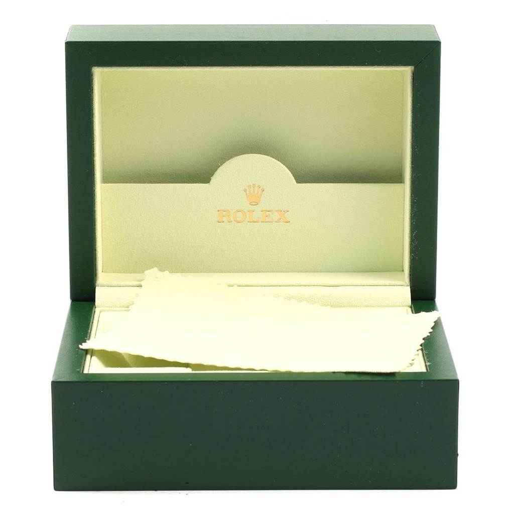 This image shows an open Rolex Oyster Perpetual 176200 Women
s Stainless Steel Black Dial 176200 Women
s Stainless Steel Black Dial watch box with a cloth inside.