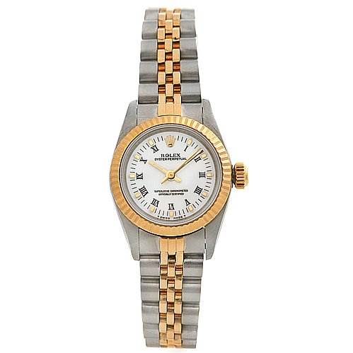 This image shows a frontal view of a Rolex Oyster Perpetual 67193 Women's Yellow Gold White Dial 67193 Women's Yellow Gold White Dial watch, highlighting its two-tone gold and silver bracelet and white dial.