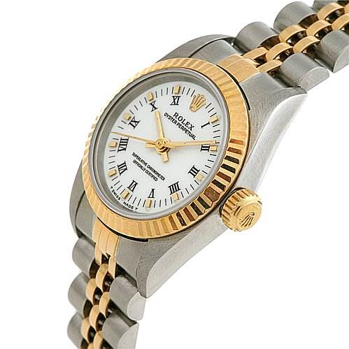 The Rolex Oyster Perpetual 67193 Women's Yellow Gold White Dial 67193 Women's Yellow Gold White Dial watch is shown at a slight angle highlighting the bezel, crown, dial, and part of the bracelet.