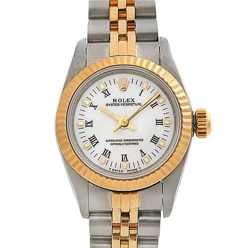 This image shows a front view of a Rolex Oyster Perpetual 67193 Women's Yellow Gold White Dial 67193 Women's Yellow Gold White Dial watch, highlighting its dial, bezel, and bracelet.