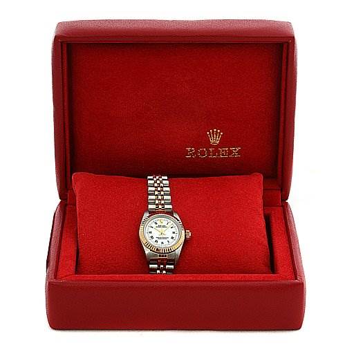 The Rolex Oyster Perpetual 67193 Women's Yellow Gold White Dial 67193 Women's Yellow Gold White Dial watch is displayed front-on inside a red Rolex box with its case, dial, and bracelet visible.