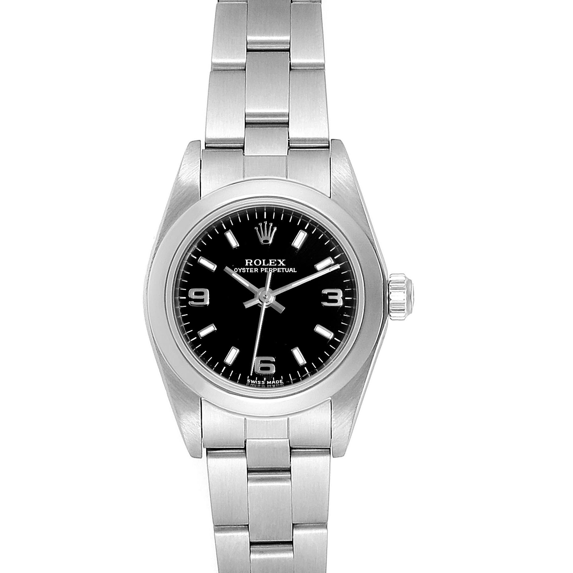 This Rolex Oyster Perpetual 76080 Women's Stainless Steel Black Dial 76080 Women's Stainless Steel Black Dial watch is shown from a front angle, displaying its face and band.