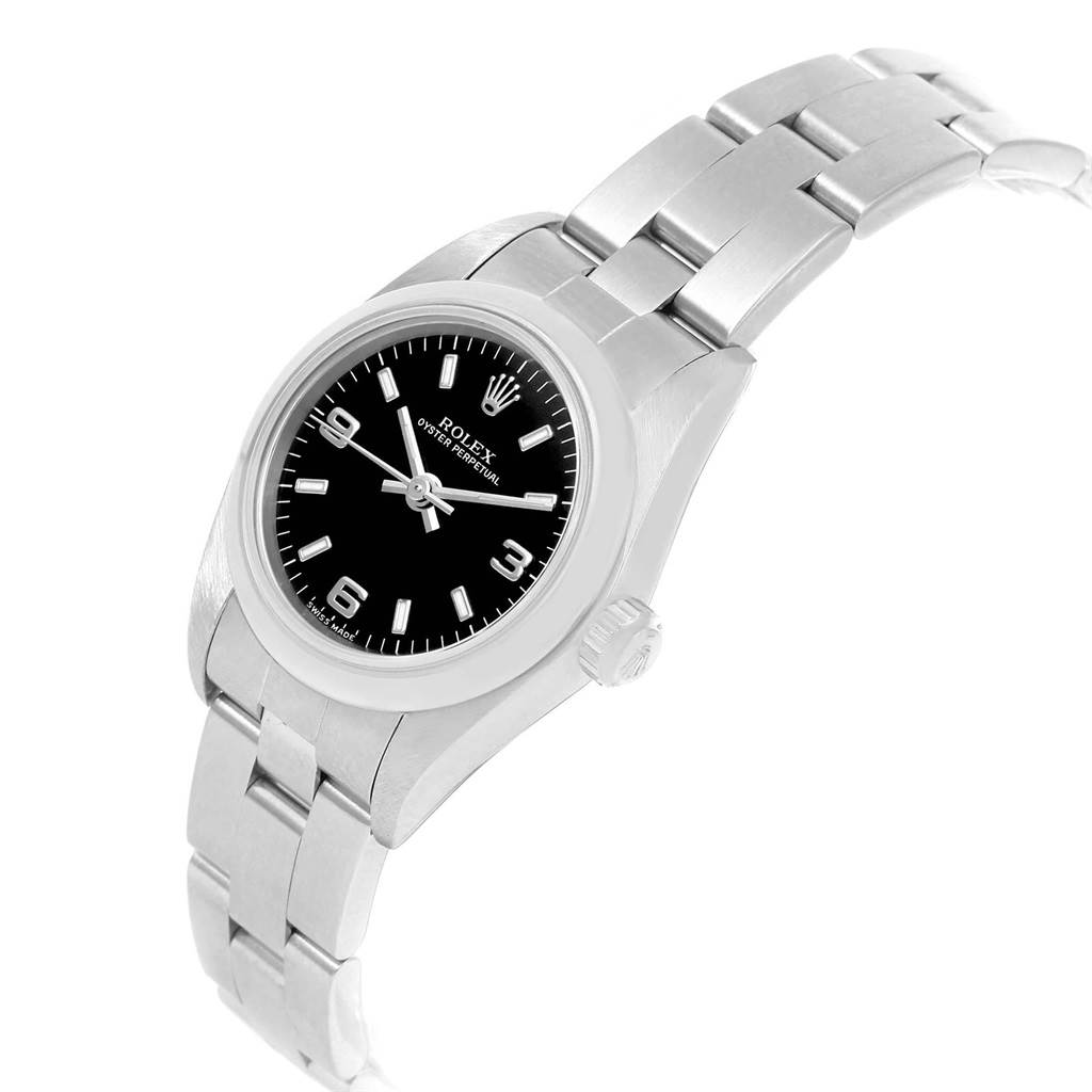 The image shows a Rolex Oyster Perpetual 76080 Women's Stainless Steel Black Dial 76080 Women's Stainless Steel Black Dial watch from a front angle, highlighting the dial, bezel, case, and part of the bracelet.