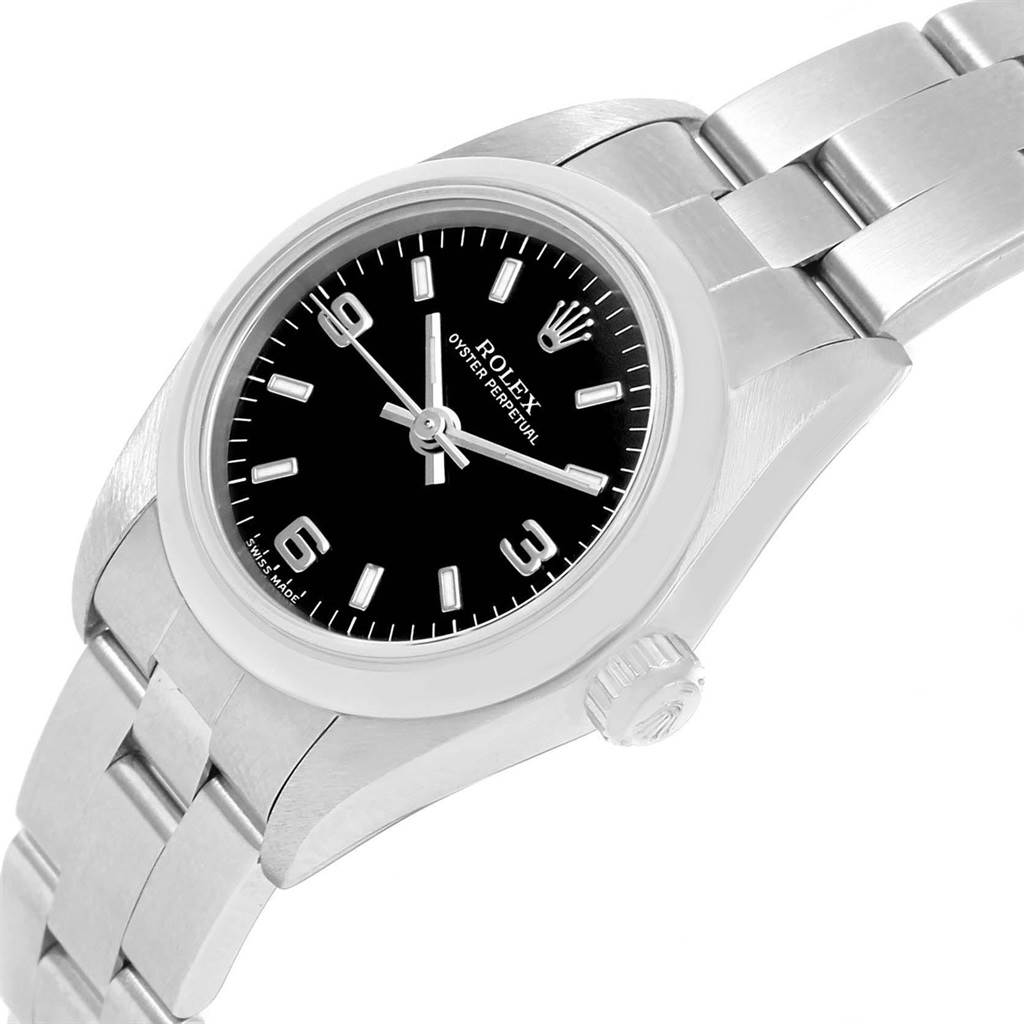 This image shows a close-up angled view of a Rolex Oyster Perpetual 76080 Women's Stainless Steel Black Dial 76080 Women's Stainless Steel Black Dial watch, highlighting the face, crown, and part of the bracelet.