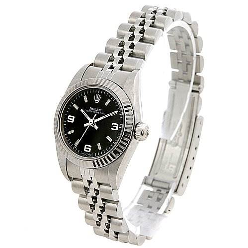 This image shows a Rolex Oyster Perpetual 76094 Women's Stainless Steel Black Dial 76094 Women's Stainless Steel Black Dial watch photographed from a slightly tilted front angle, highlighting the dial, bezel, and bracelet.