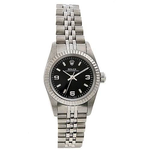 The image shows a frontal view of a Rolex Oyster Perpetual 76094 Women's Stainless Steel Black Dial 76094 Women's Stainless Steel Black Dial watch, displaying the watch face, bezel, and metal bracelet.