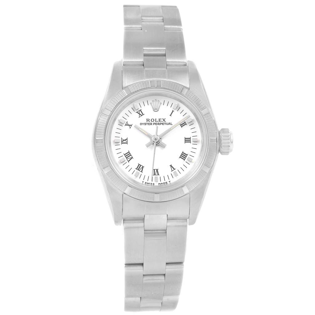 The image shows a front view of a Rolex Oyster Perpetual 67230 Women's Stainless Steel White Dial 67230 Women's Stainless Steel White Dial watch, displaying the face, bezel, and bracelet.