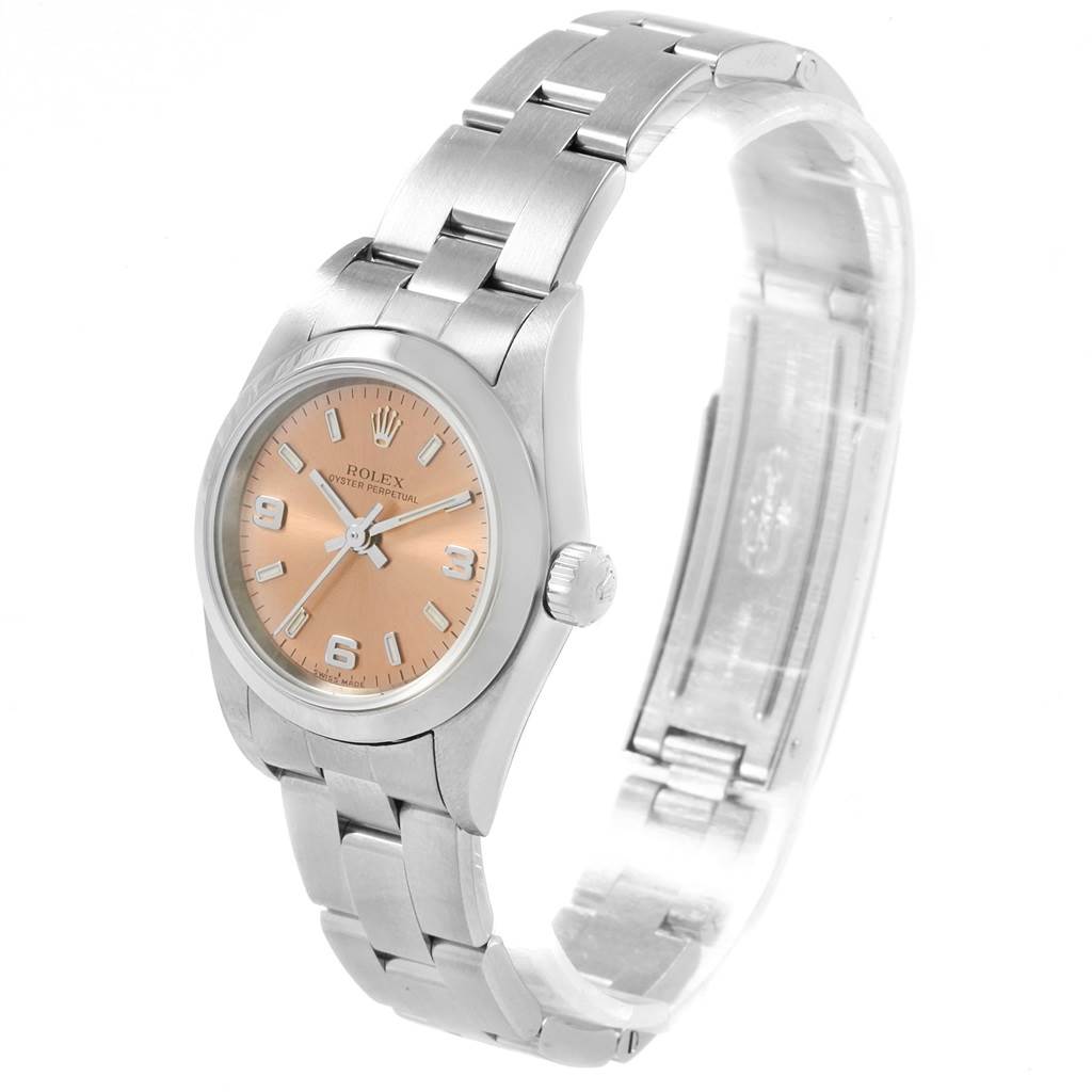 This image shows a Rolex Oyster Perpetual 76080 Women
s Stainless Steel Pink Dial 76080 Women
s Stainless Steel Pink Dial watch angled slightly to showcase the dial, case, and bracelet.