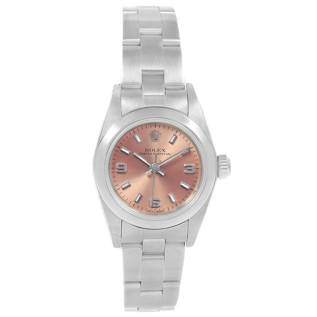 The image shows a frontal view of a Rolex Oyster Perpetual 76080 Women
s Stainless Steel Pink Dial 76080 Women
s Stainless Steel Pink Dial watch highlighting its dial and bracelet.