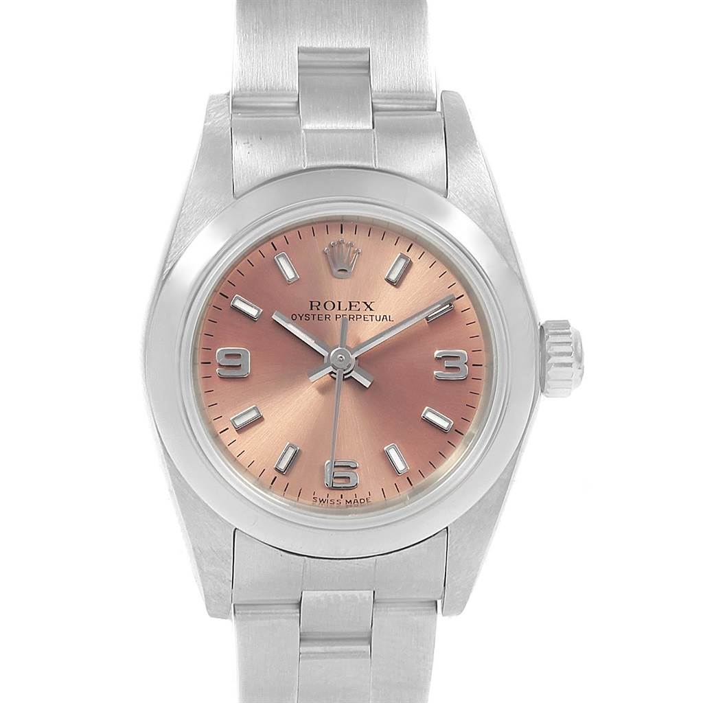 The image shows a front view of a Rolex Oyster Perpetual 76080 Women
s Stainless Steel Pink Dial 76080 Women
s Stainless Steel Pink Dial watch, highlighting its dial, case, and part of the bracelet.