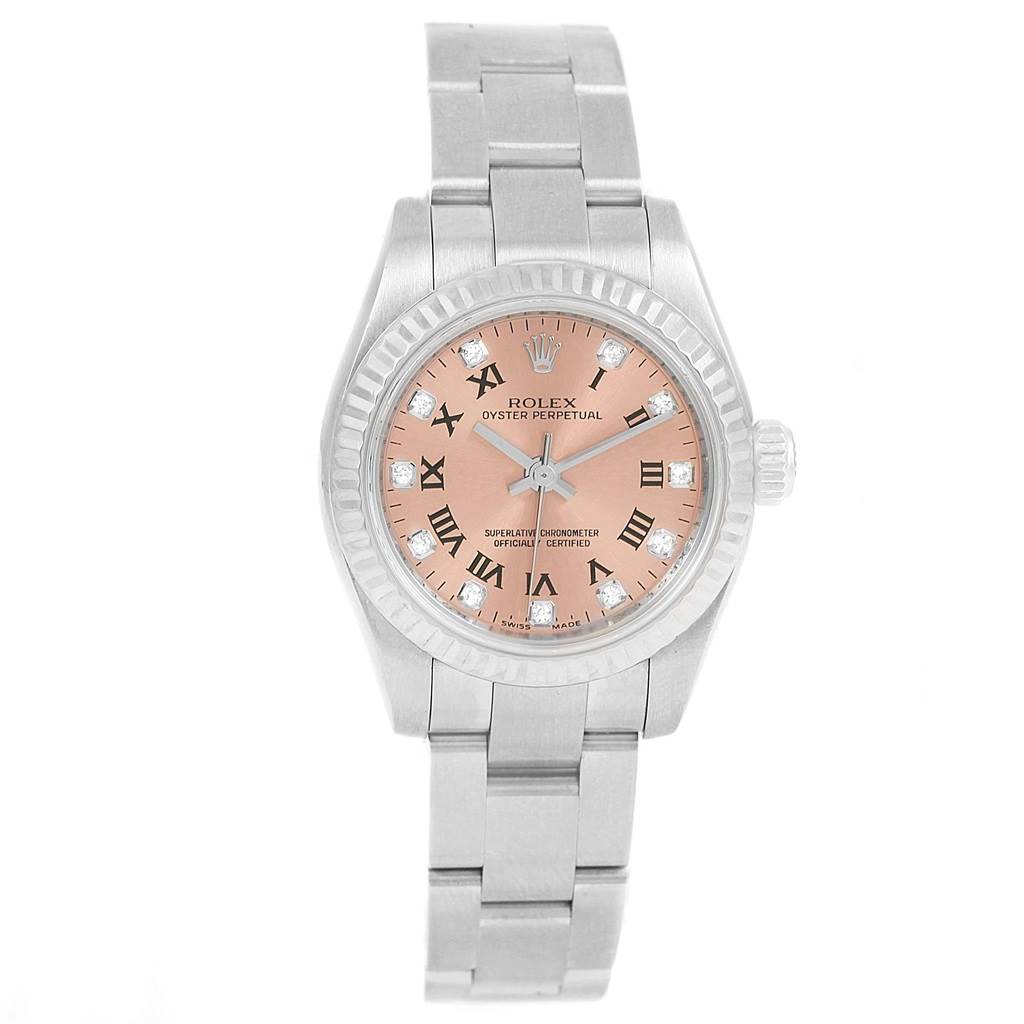 The Rolex Oyster Perpetual 176234 Women
s Stainless Steel Pink Dial 176234 Women
s Stainless Steel Pink Dial watch is shown from a front angle, displaying the face, bezel, and bracelet.