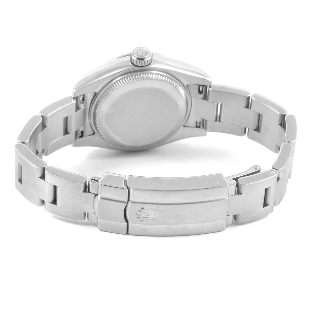 The image shows the back view of a Rolex Oyster Perpetual 176234 Women
s Stainless Steel Pink Dial 176234 Women
s Stainless Steel Pink Dial watch, highlighting its bracelet and clasp.