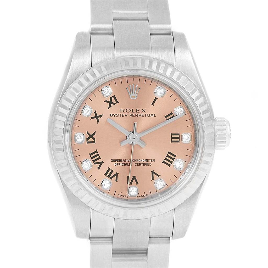 The image shows a front view of a Rolex Oyster Perpetual 176234 Women
s Stainless Steel Pink Dial 176234 Women
s Stainless Steel Pink Dial watch, displaying its dial, bezel, and part of the bracelet.