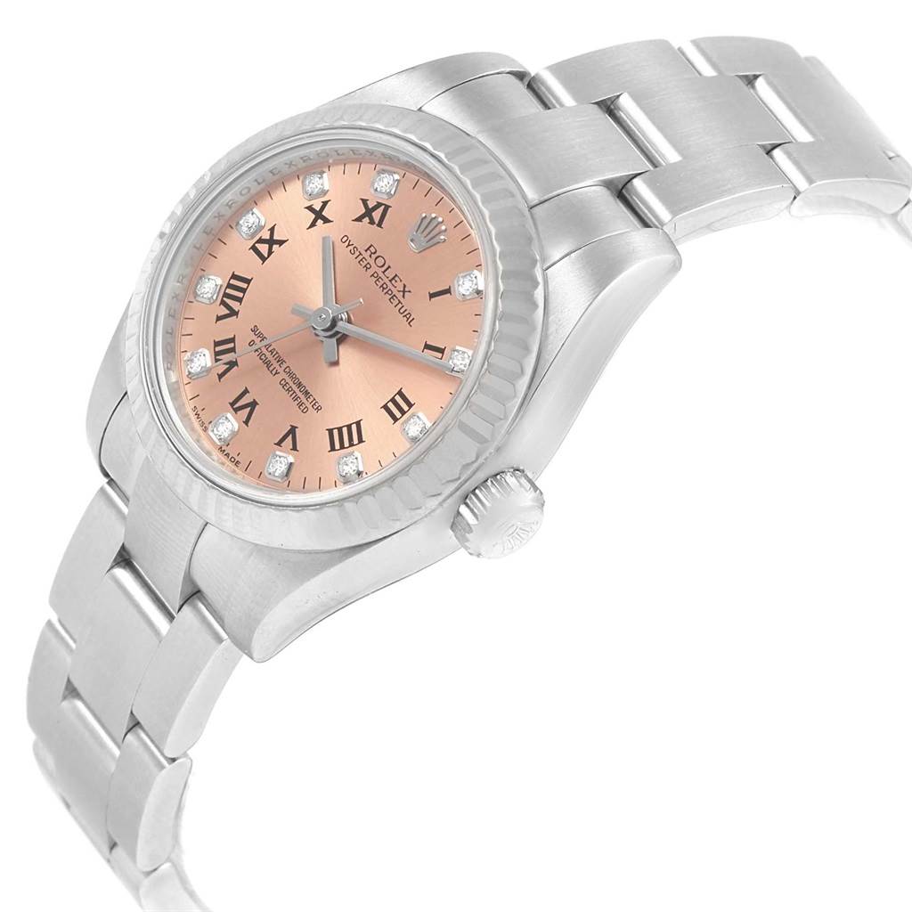 The Rolex Oyster Perpetual 176234 Women
s Stainless Steel Pink Dial 176234 Women
s Stainless Steel Pink Dial watch is shown at a tilted angle, displaying its dial, bezel, crown, and part of the bracelet.