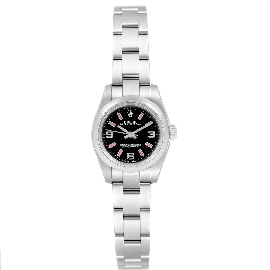 The Rolex Oyster Perpetual 176200 Women's Stainless Steel Black Dial 176200 Women's Stainless Steel Black Dial watch is shown from a direct front angle, displaying its face, bezel, crown, and bracelet.