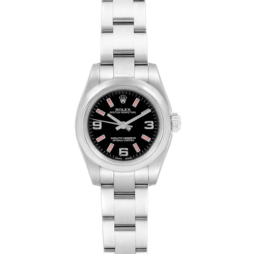 The image shows a front view of a Rolex Oyster Perpetual 176200 Women's Stainless Steel Black Dial 176200 Women's Stainless Steel Black Dial watch, displaying the face, dial, case, and bracelet.