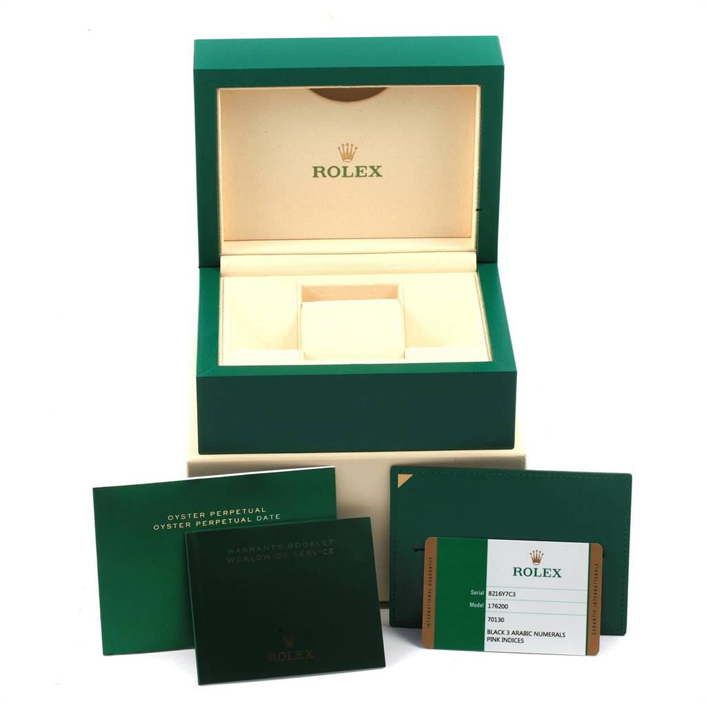 The image shows an open Rolex Oyster Perpetual 176200 Women's Stainless Steel Black Dial 176200 Women's Stainless Steel Black Dial watch box along with warranty cards and booklets.