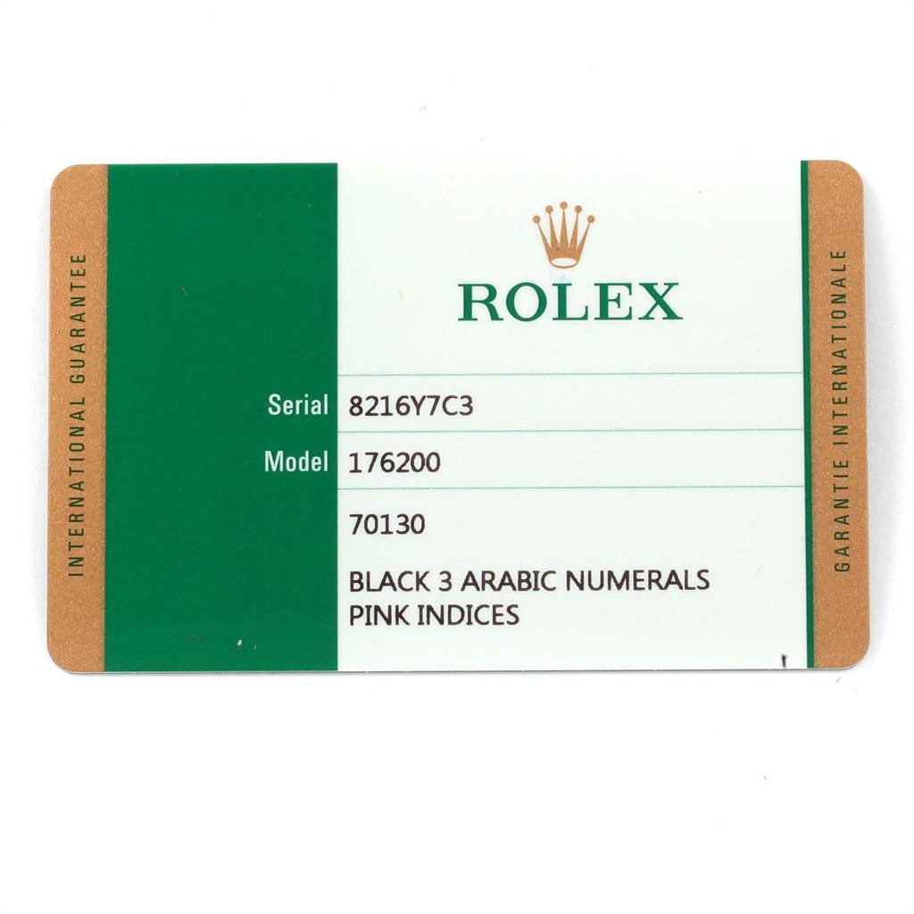 This image shows an international guarantee card for a Rolex Oyster Perpetual 176200 Women's Stainless Steel Black Dial 176200 Women's Stainless Steel Black Dial model 176200 with serial number 8216Y7C3.