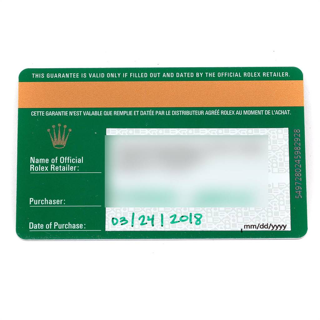 This image shows the warranty card for a Rolex Oyster Perpetual 176200 Women's Stainless Steel Black Dial 176200 Women's Stainless Steel Black Dial watch.