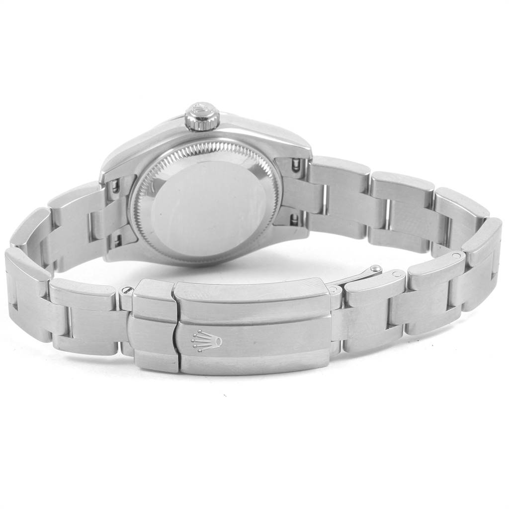 The Rolex Oyster Perpetual 176200 Women's Stainless Steel Black Dial 176200 Women's Stainless Steel Black Dial watch is shown from the back, displaying the case back, bracelet, and clasp.