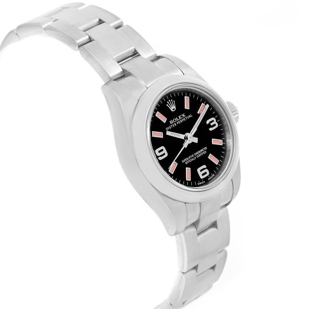 The image shows a Rolex Oyster Perpetual 176200 Women's Stainless Steel Black Dial 176200 Women's Stainless Steel Black Dial watch, angled to display its black dial, markers, and stainless steel bracelet.