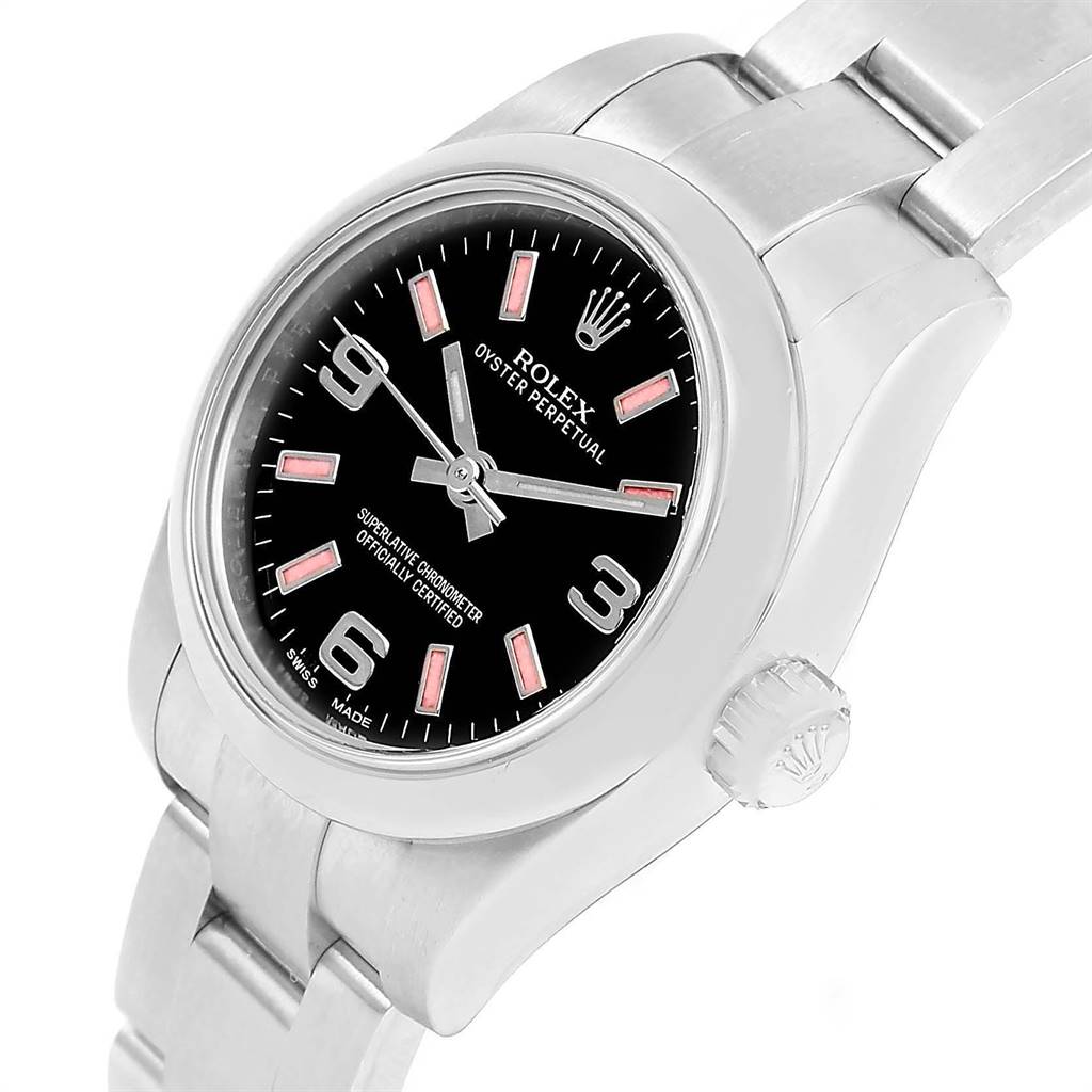 The image shows a Rolex Oyster Perpetual 176200 Women's Stainless Steel Black Dial 176200 Women's Stainless Steel Black Dial watch angled slightly from the side, displaying the dial, bezel, crown, and part of the bracelet.