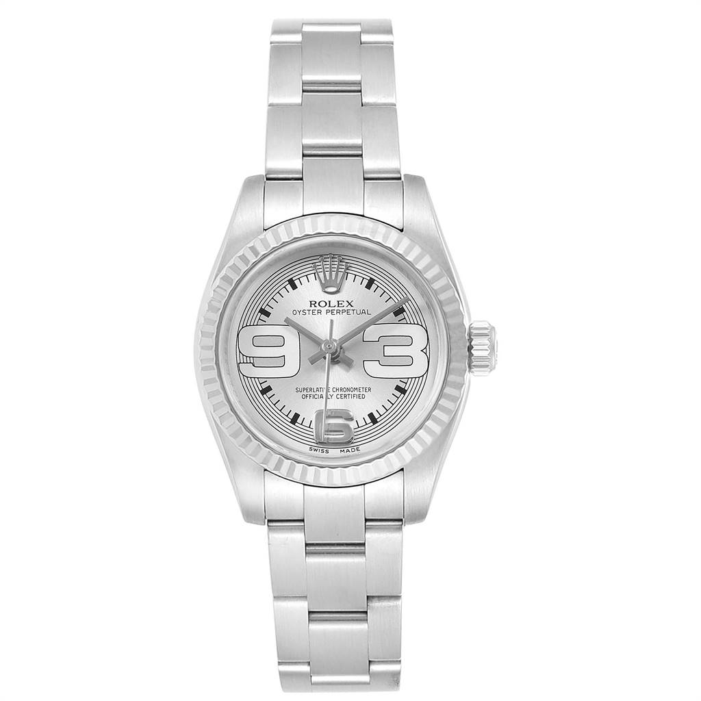 This image shows a front view of a Rolex Oyster Perpetual 176234 Women's Stainless Steel Silver Dial 176234 Women's Stainless Steel Silver Dial watch, highlighting the dial, case, and bracelet.