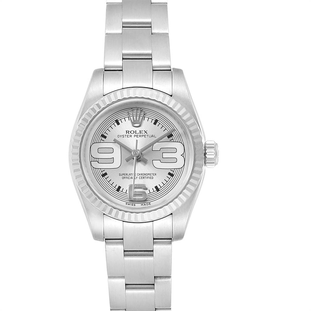 The Rolex Oyster Perpetual 176234 Women's Stainless Steel Silver Dial 176234 Women's Stainless Steel Silver Dial watch is shown from a front angle, displaying the face, bezel, crown, and bracelet.