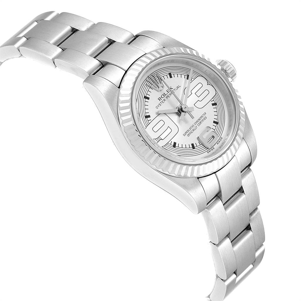 The image shows a Rolex Oyster Perpetual 176234 Women's Stainless Steel Silver Dial 176234 Women's Stainless Steel Silver Dial watch at an oblique angle highlighting the face, bezel, and bracelet.