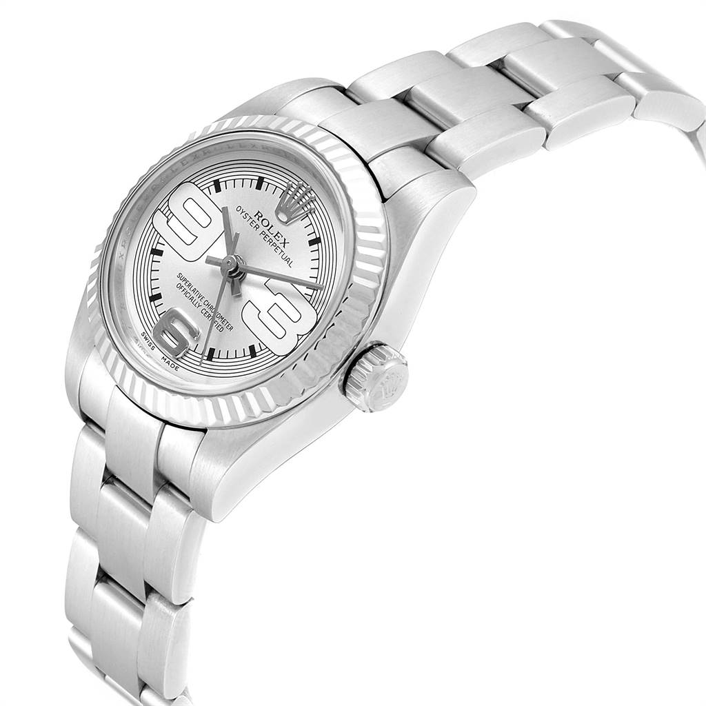 The image shows a side angle view of the Rolex Oyster Perpetual 176234 Women's Stainless Steel Silver Dial 176234 Women's Stainless Steel Silver Dial watch displaying its face, bezel, crown, and part of the bracelet.