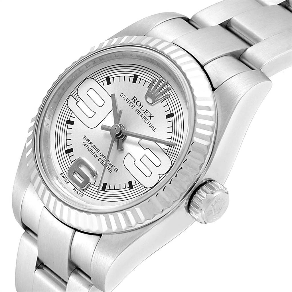 The image shows a close-up angled view of a Rolex Oyster Perpetual 176234 Women's Stainless Steel Silver Dial 176234 Women's Stainless Steel Silver Dial watch, highlighting its dial, bezel, and part of the bracelet.