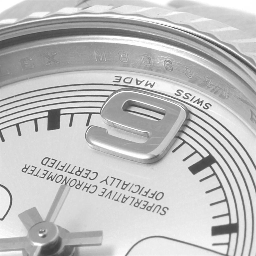 Close-up angled view of the dial and bezel of a Rolex Oyster Perpetual 176234 Women's Stainless Steel Silver Dial 176234 Women's Stainless Steel Silver Dial showing the number 9, part of the chapter ring, and text details.