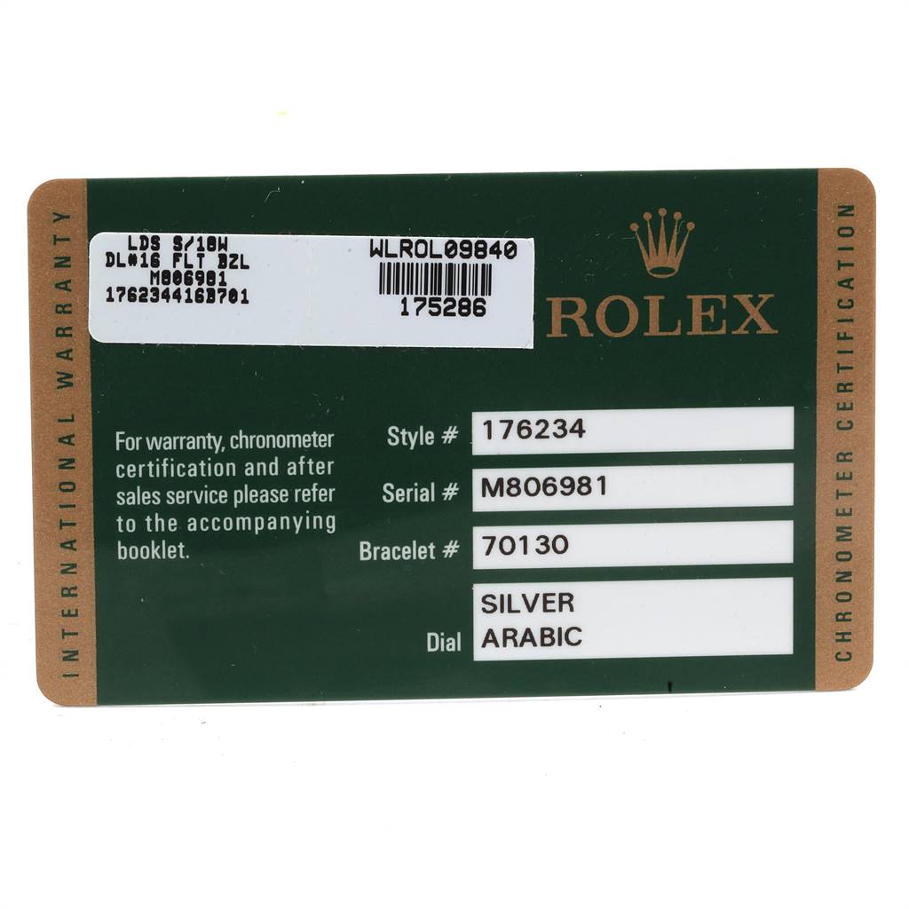 The image shows an international warranty card for the Rolex Oyster Perpetual 176234 Women's Stainless Steel Silver Dial 176234 Women's Stainless Steel Silver Dial model with style, serial, and bracelet numbers listed.