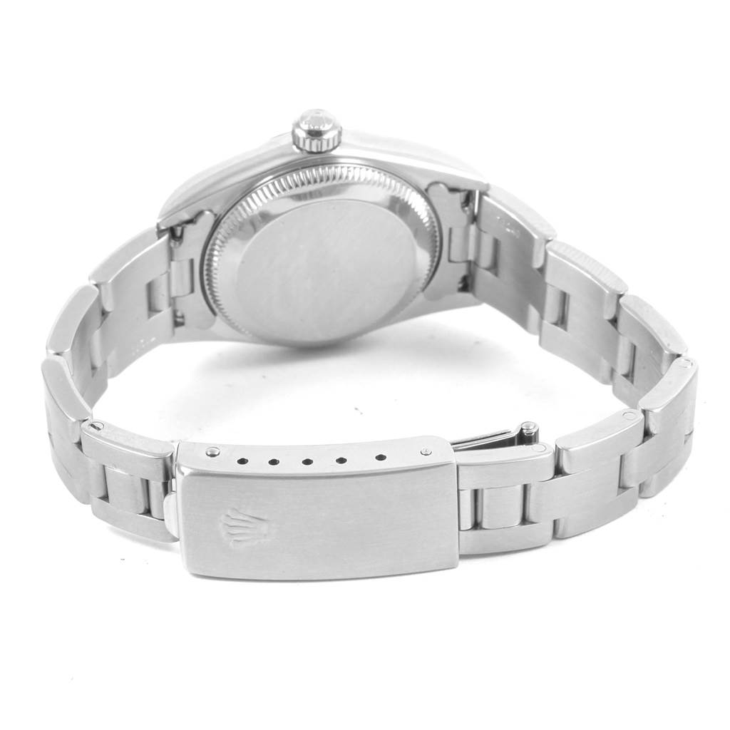 The image shows the back view of a Rolex Oyster Perpetual 76080 Women
s Stainless Steel Black Dial 76080 Women
s Stainless Steel Black Dial watch, including the case back, bracelet, and clasp.