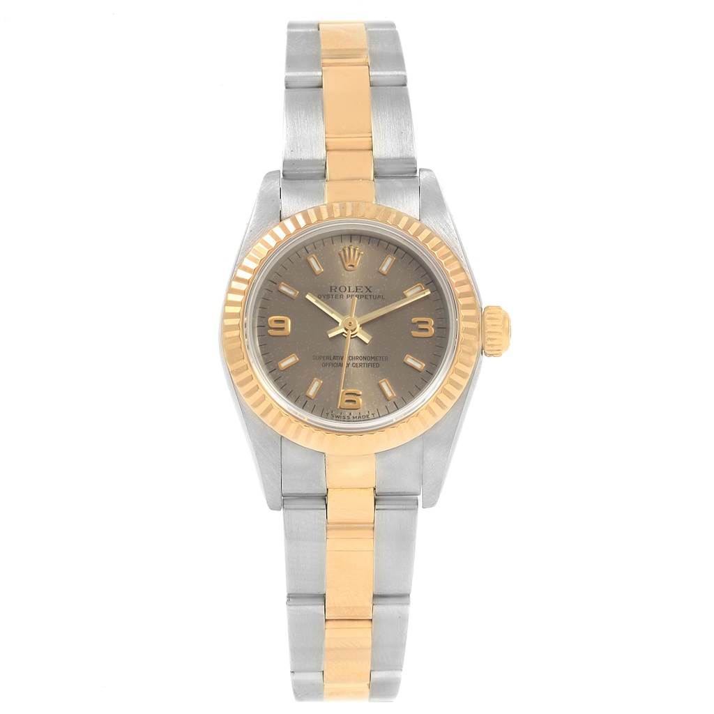 The Rolex Oyster Perpetual 76193 Women's Steel and Gold (two tone) Grey Dial 76193 Women's Steel and Gold (two tone) Grey Dial watch is shown from a front angle, displaying the dial, bezel, crown, and full bracelet.