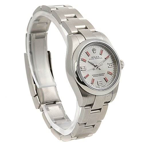 The image shows a Rolex Oyster Perpetual 0176200SAPSO Women's Stainless Steel Silver Dial 0176200SAPSO Women's Stainless Steel Silver Dial watch at a three-quarter angle, highlighting its face, bezel, and bracelet.
