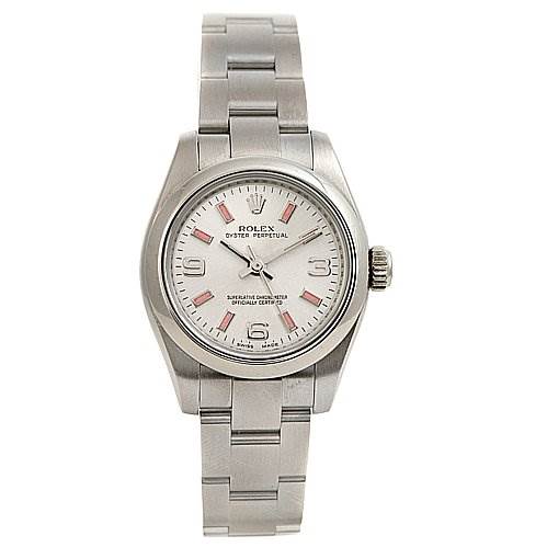 The image shows a front view of a Rolex Oyster Perpetual 0176200SAPSO Women's Stainless Steel Silver Dial 0176200SAPSO Women's Stainless Steel Silver Dial watch, highlighting its dial, bezel, and stainless steel bracelet.