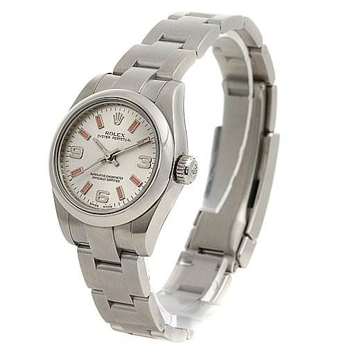 The image shows a Rolex Oyster Perpetual 0176200SAPSO Women's Stainless Steel Silver Dial 0176200SAPSO Women's Stainless Steel Silver Dial watch at a three-quarter angle, displaying the dial, bracelet, and clasp.